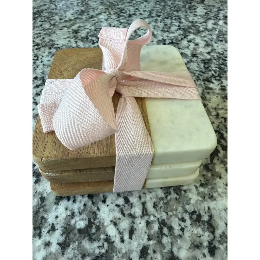 Manchester Coaster Set White Marble & Wood Threshold 4